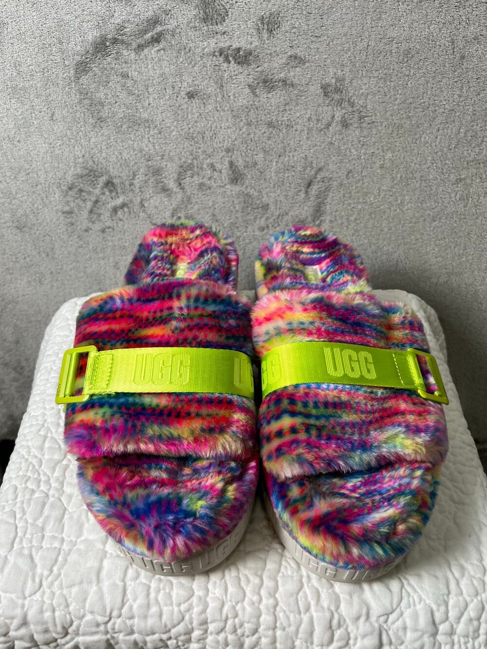 UGG Fluff Yeah Multicolor Fuzzy Shearling Slide Sandals Neon Green Women's US 10